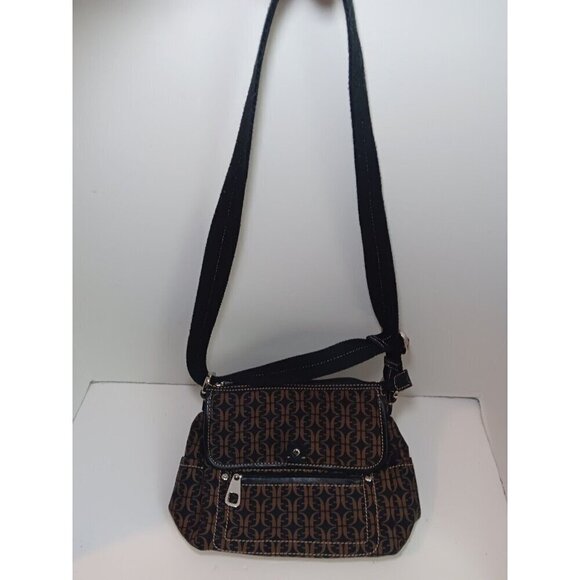 Vintage FOSSIL Black Brown Monogram Canvas Crossbody Purse - Picture 1 of 7